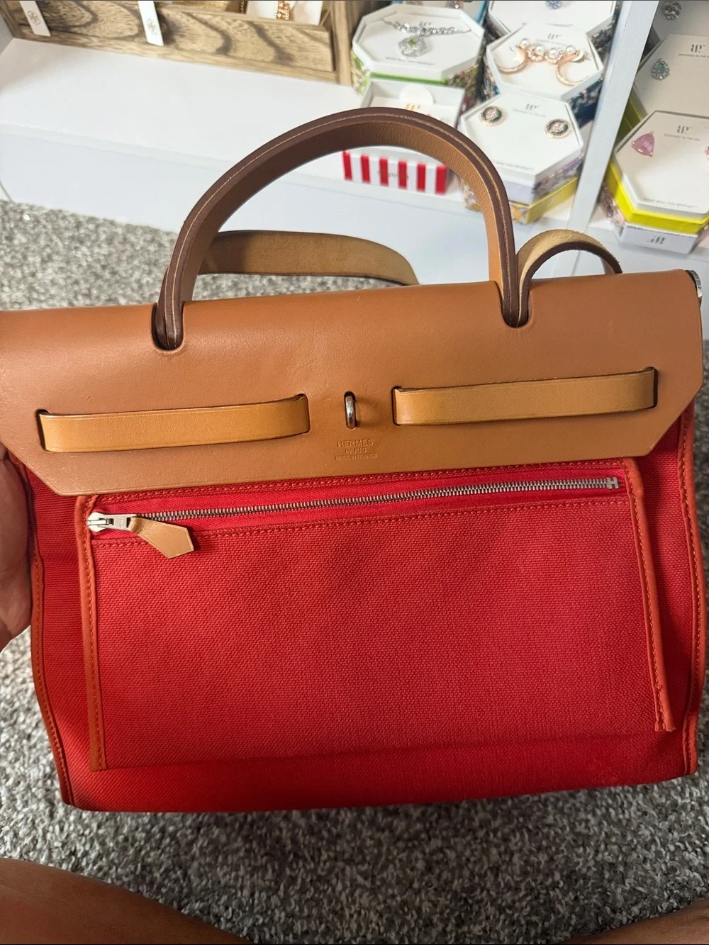 Hermes Red Canvas and Tan Leather Top-Handle Satchel